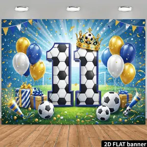 2D Flat Banner Polyester Photography Backdrop, HD Digitally Printed Soft Lightweight Foldable Background Cloth featuring a Soccer Field Theme with Number 11, Golden Crown, Balloons, Confetti, and Gift Boxes, ideal for Birthday Par