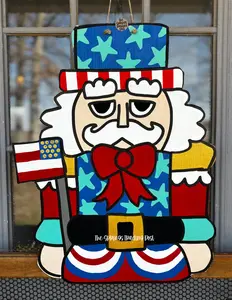 Patriotic Nutcracker Door Hanger Americana Front Door Decor 4th of July Wooden Handmade Hand Painted Summer Porch Decor