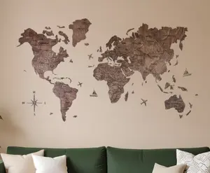 HomeRoots 521279 47 x 79 in. Dark Brown Wood World Map Hanging Dimensional Sculpture