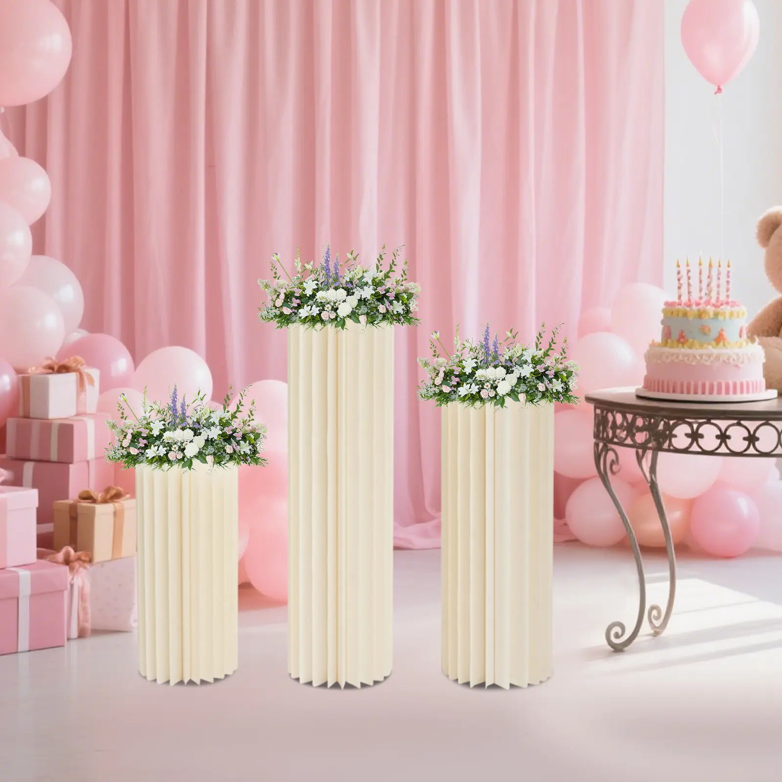 3-Piece Cardboard Flower Stand Set - 60/80/100cm Paper & PVC Round Decor Ornaments for Graduation Party, Wedding Room Decor