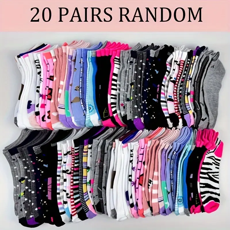 Women's 20-Pair Polyester Ankle Socks Bundle - Character-Inspired Cartoon Graffiti, Candy Colored, Casual Comfy, Breathable All-Season Ankle Socks for Women, Anklesocks, Casual Comfy Socks