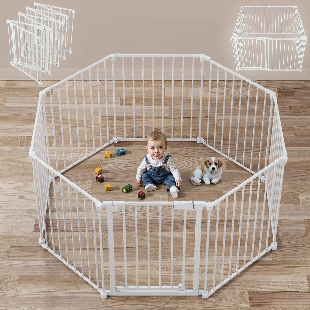 BIOBY Super Wide Adjustable Wooden Baby Safety Gate & Play Yard, Collapsible Durable Play Pen for Infants, Portable Lockable Nursery Center Playard (29.9x23.6in), Mother's Day Gift, Collapsible Play Pen For Babies