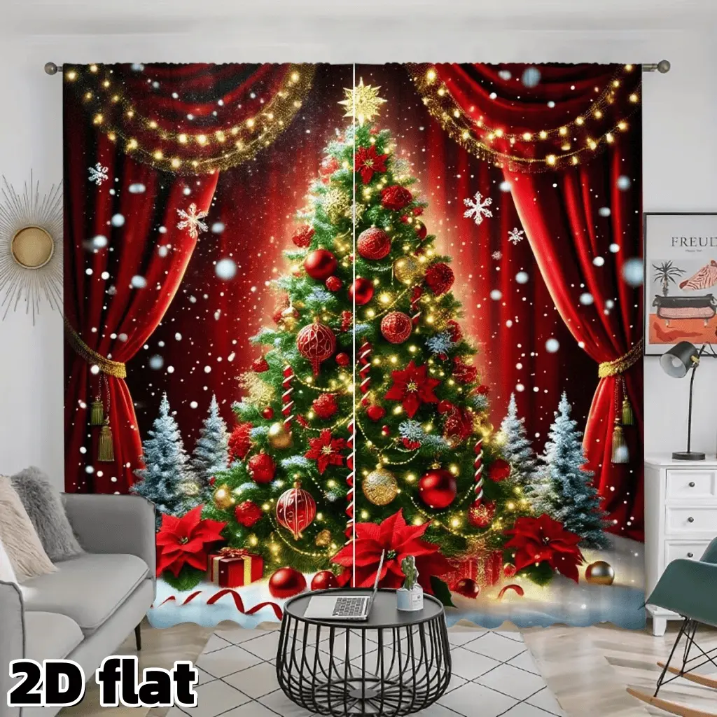 2D Flat 2Pcs Christmas Theme Curtains Festive Red Drapes with Snow Scene Decorated Pattern Polyester Fabric Rod Pocket Style Semi Sunshade for Living Room Bedroom Window Holiday Decor Privacy Protection, Thermal Insulated Curtain Home Decoration Curtain