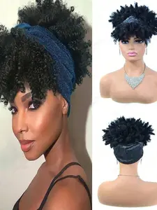 Black Headband Wigs For Women Afro Kinky Curly Wig With Synthetic Short Hair Wigs With Headband Attached Headwrap Wigs Kinky Curly Headband Wig