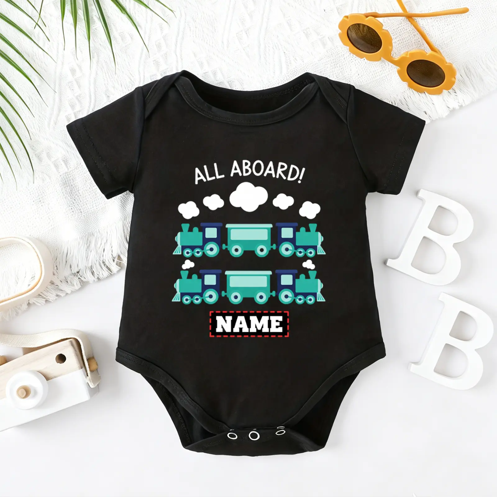 2026 Cute Newborn Baby Bodysuit with All Aboard Custom Name Train Print, 100% Cotton Short Sleeve Romper All Seasons, Funny Casual Onesie for Baby Boys Girls, Indoor Outdoor Infant Clothes 0-2T, Perfect Baby Gift