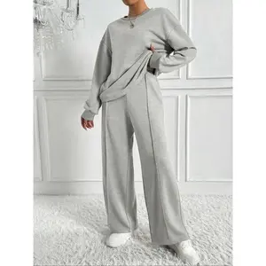 Women's Solid Color Drop Shoulder Sweatshirt & Elastic Waist  Wide Leg Pants Two-piece Set, Casual Fashion Cozy Breathable Two Piece Outfits for Daily Wear, Women Clothes for Spring & Fall