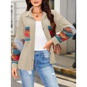 ZAFUL Women's Vintage Aztec Print Shacket - Boho Ethnic Button Jacket with Long Sleeves, Warm Fleece Blend Western Style Coat, Oversized Loose Fit Cardigan for Fall Winter Collar Womenswear