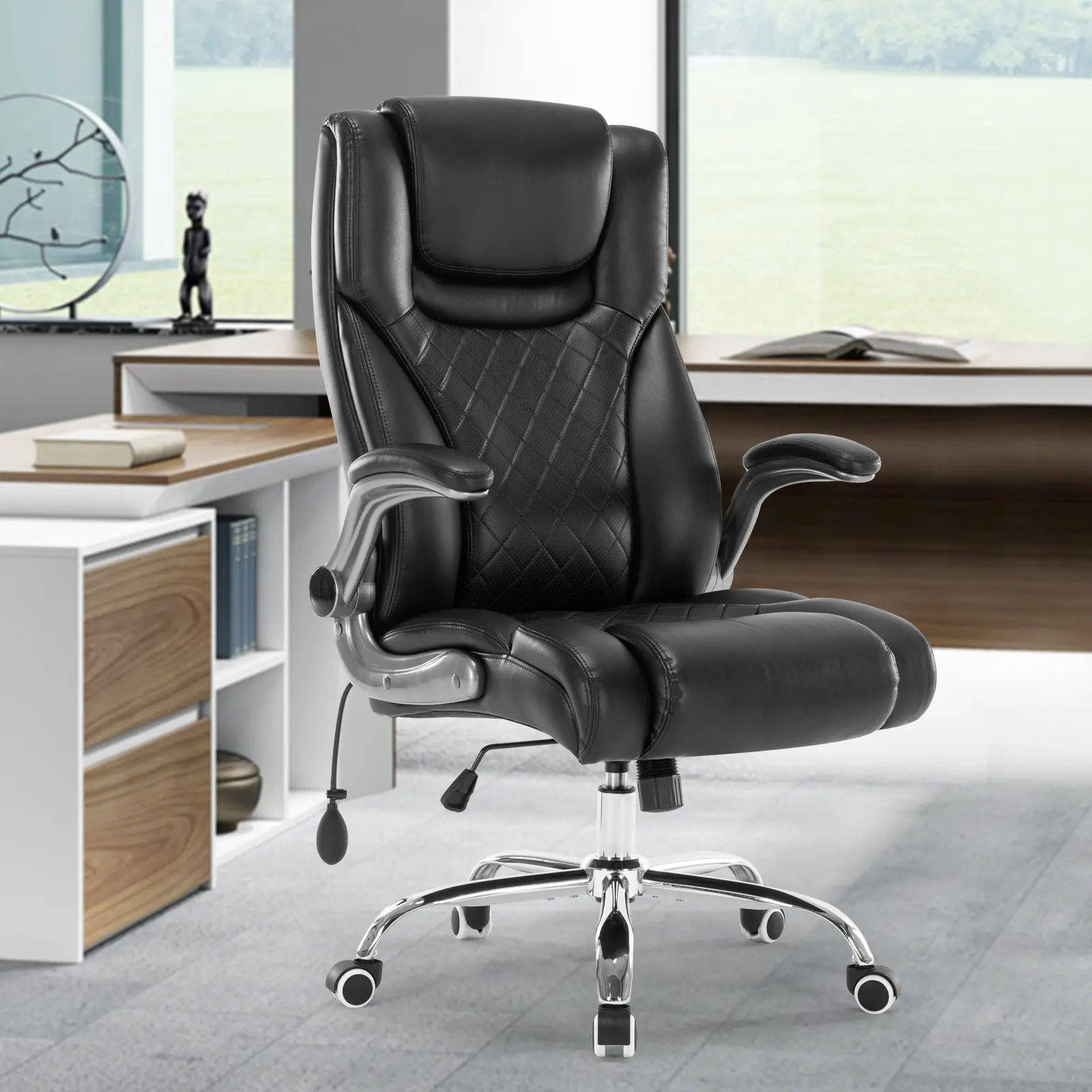 Executive Office Chair Desk Swivel Chair High Back Computer Chair - Adjustable Lumbar Support with Flip-Up Arms PU Leather Chair with Spring Cushion
