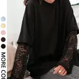 【Black Friday】Women's Casual Street Style Contrast Lace 2-in-1 T-Shirt, Basic Vintage Solid Color Crew Neck Long Sleeve Top, Soft Lightweight Stretchy Fabric, Ideal for Music Festivals and Daily Wear