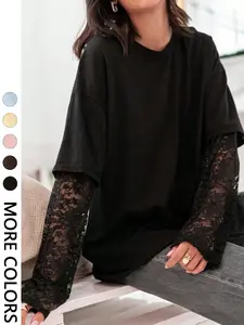 Women's Casual Everyday Oversized T-Shirt with Lace Patchwork, Solid Long-Sleeve Crew Neck Fake Two-Piece Design, Lightweight, Soft and Stretchy with a Vintage Look, for Women's Daily Wear, Streetwear, Music Festivals and Womenswear