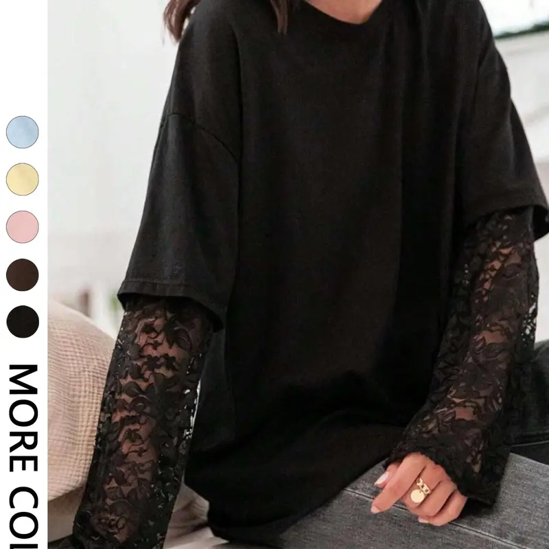 Women's Casual Basic Lace Patchwork Oversized T-Shirt, Solid Long Sleeve Crew Neck Fake Two-Piece Design, Casual Fit Top, Lightweight Soft Stretchy & Vintage for Women Daily & Streetwear Music Festivals Everyday Wear Back to School Top Womenswear