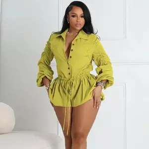 Two piece set of women's solid color casual gaming suit military green slim fit jumpsuit, with drawstring waistband and long sleeved lapel jumpsuit women's checkered work pants basic minimalist style