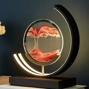Moving Sand Art Picture 3D Glass Deep Sea Sandscape LED Desk lamp, Hourglass Table Lamp,Flowing Sand Frame Desktop Ornaments Quicksand Painting, For Yoga, Meditation, Home Decor