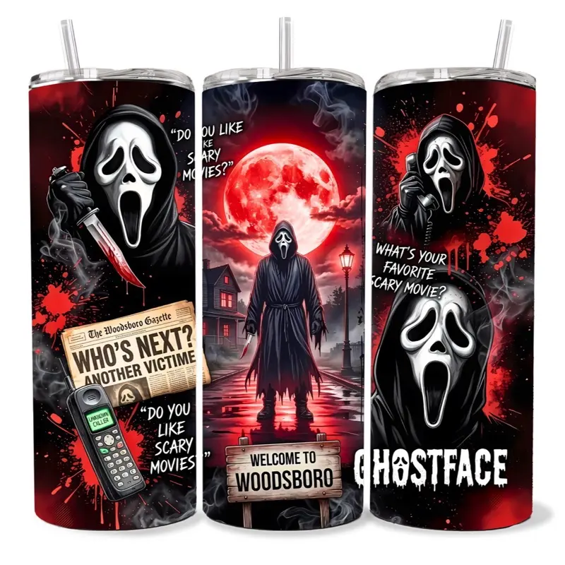 Ghostface 20 oz Tumbler - BPA Free, Stainless Steel, Leak Proof, Clear Lid, Includes Straw