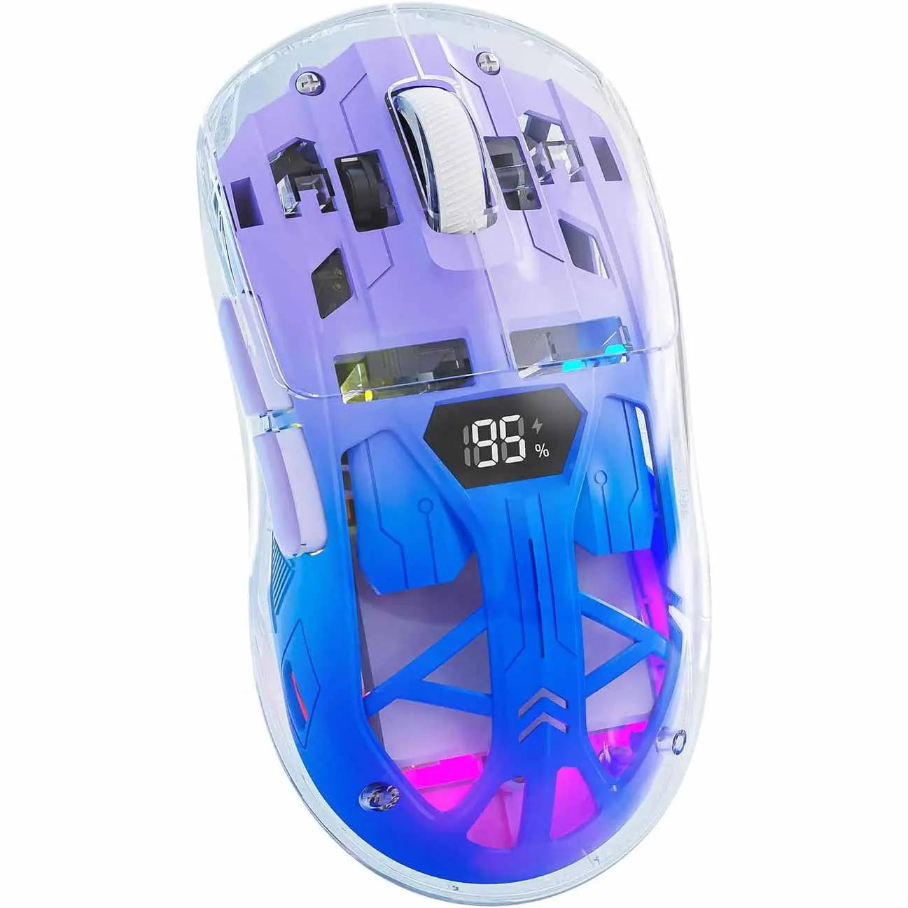 FREEWOLF A2 Transparent Gaming Mouse - Wireless Dual Mode BT 5.0/2.4G, 5 Adjustable DPI, LED Battery Display, 3D Color Changing RGB Backlit, USB-C Rechargeable for PC, Win/Mac, Gaming & Studying, Led Display