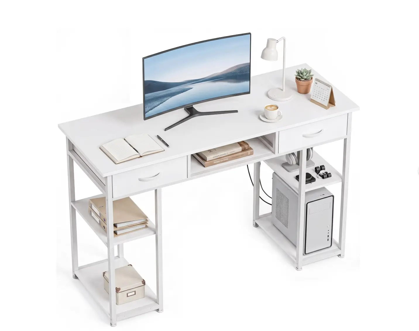 Small Desk with Drawers & Storage Shelves, 48 Inch Computer Desk Modern White Desk Gaming Writing Desk Study Table for Home Office, White