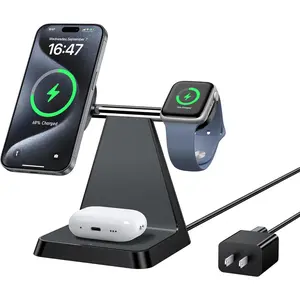 GJ-L-CGR011  Charging Station for Multiple Devices Apple: 3 in 1 Magnetic Wireless Charger Stand for Mag Safe iPhone - Nightstand Charging Dock for iPhone 16 15 14 13 12 Pro Max Plus Apple Watch Airpods