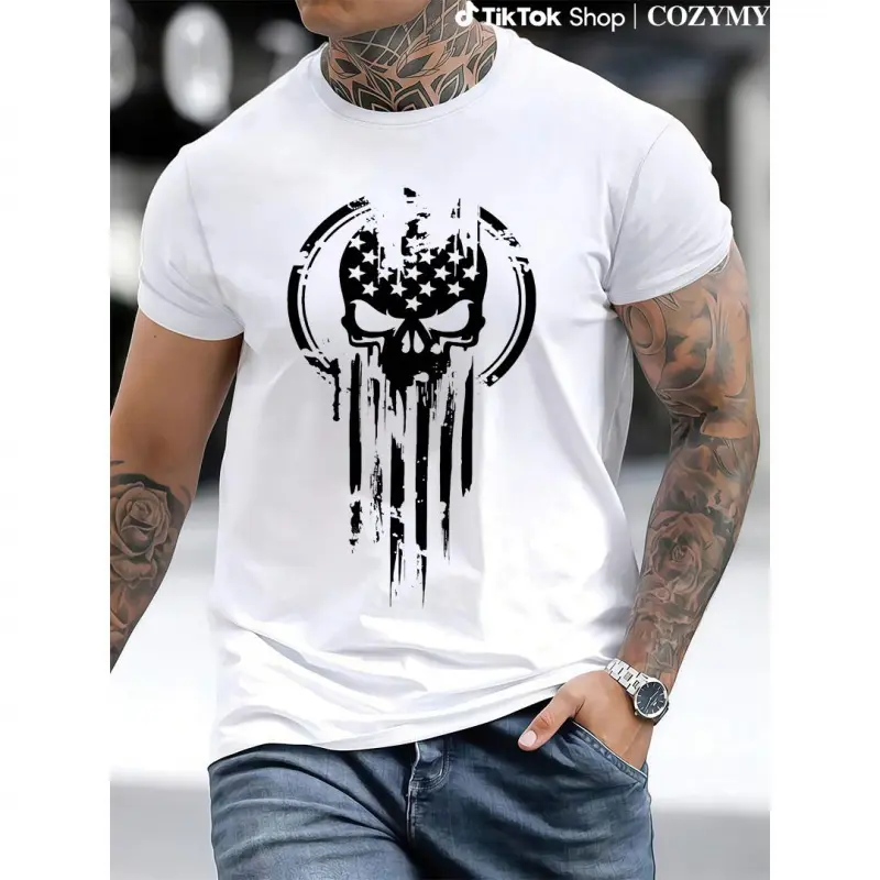Men's American Warrior Graphic Round Neck Cotton T-Shirt - Patriotic Prints, Casual Short-Sleeve Tops, Soft Lightweight Breathable Fabric, Military Streetwear, Unisex Fitted, Athletic Basic, Ideal Gift for Veterans, Car Races Use, Check Size Note, Shortsl