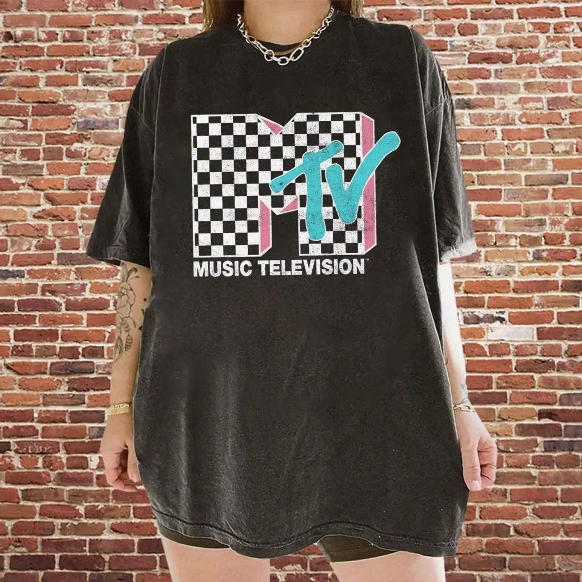 Mtv Distressed Checkered Logo Graphic Tshirt Sweatshirt Hoodie, Retro 80s & 90s Mtv Wash Family Matching Tee, Unisex Sweater Pullover Tee