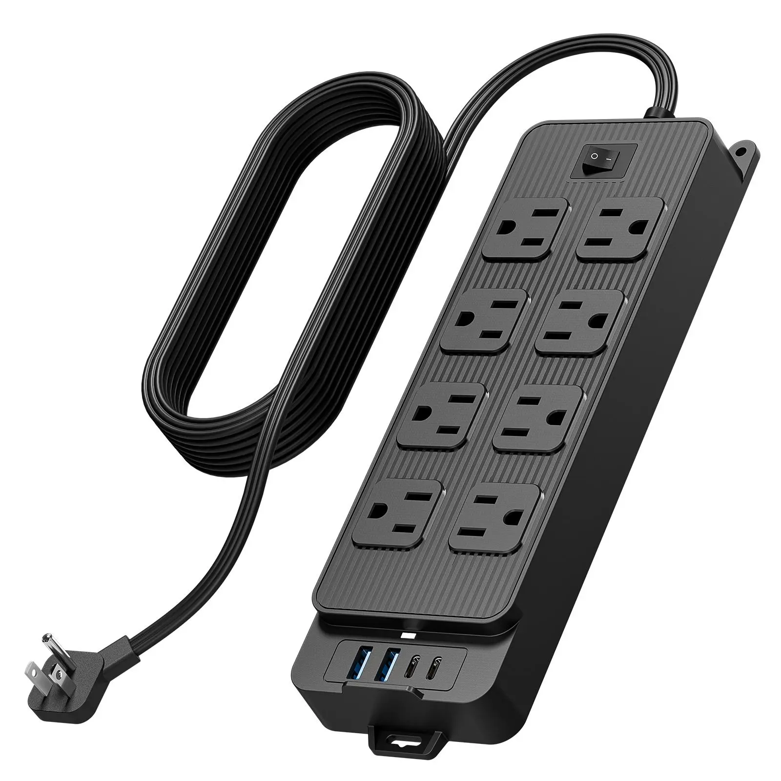 Flat Plug Surge Protector Outlet Extender Power Strip with 5 Ft/10 Ft Thin Flat Extension Cord, 8 Widely Distributed AC Outlets, 4 USB Charging Ports (2 USB A & 2 USB C), Desk Charging Station, Compact Power Strip For Home Dorm Office Travel