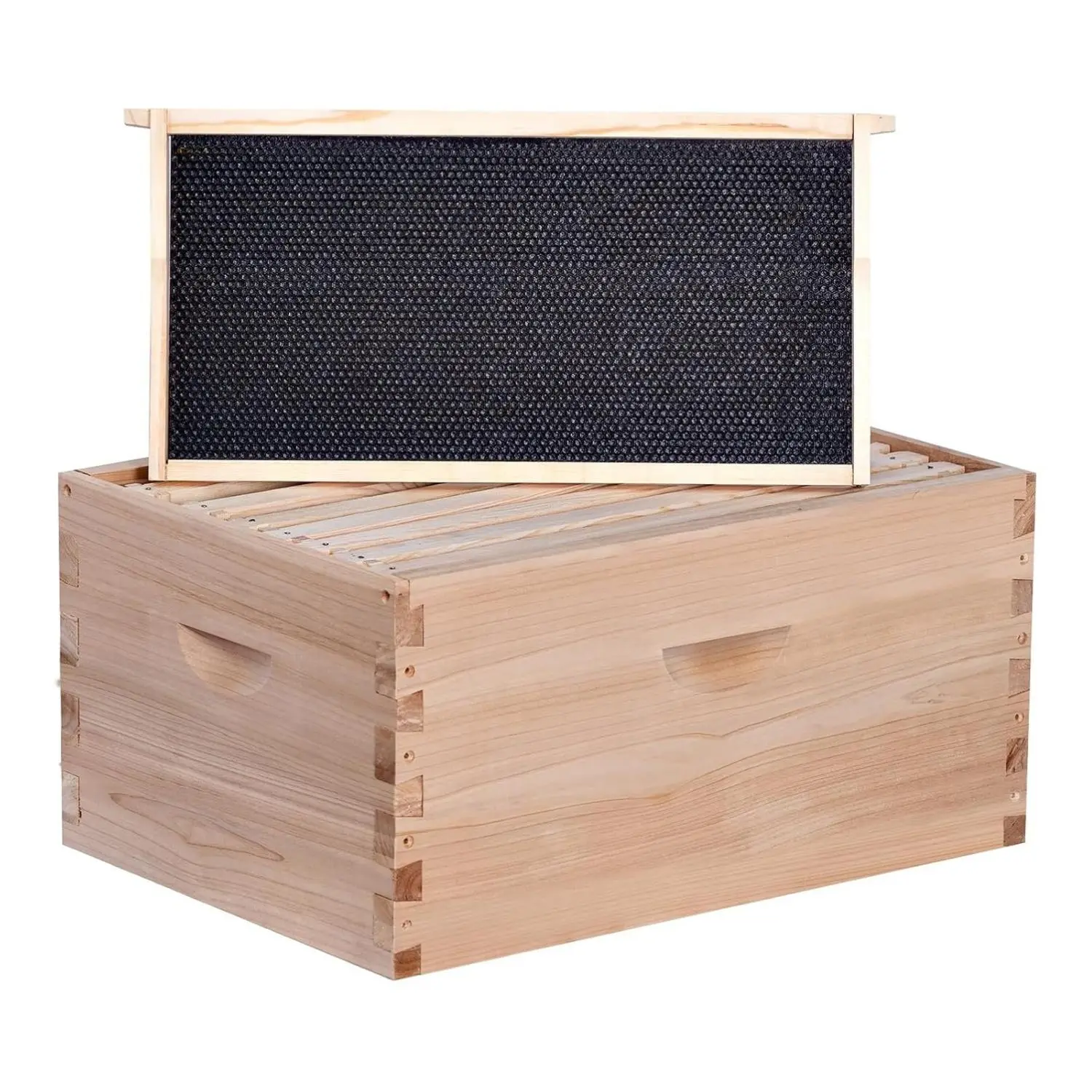 MayBee Hives Langstroth Cedar Wood Unassembled Deep Brood Bee Hive Box - Dovetail Joints, 8/10-Frame Option, Unwaxed Wood, 14-1/4″x19-7/8″x9-5/8″ Size, Pine Frames, 100% Beeswax Coated Foundation Sheets, Garden Beekeeping Supply