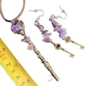 All Natural Amethyst Key Necklace and Earrings Set with Purple Gemstones and Decorative Elements