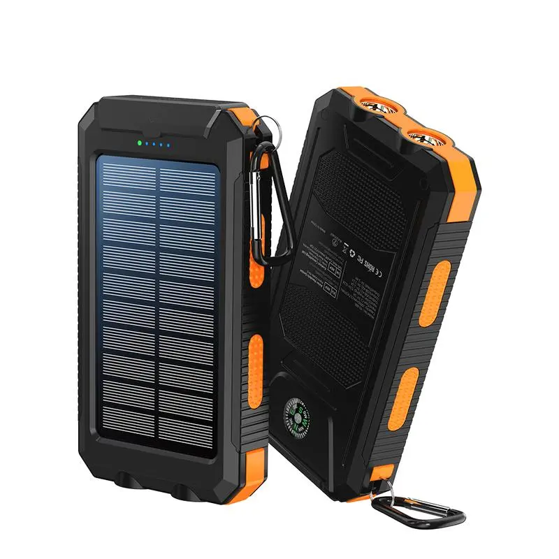 High Capacity 10000mAh Solar Powered Portable Charger, High Speed Fast Charging with Dual USB Ports, Integrated LED Flashlight & Navigation Compass, IP65 Grade Waterproof Outdoor Emergency Backup Battery