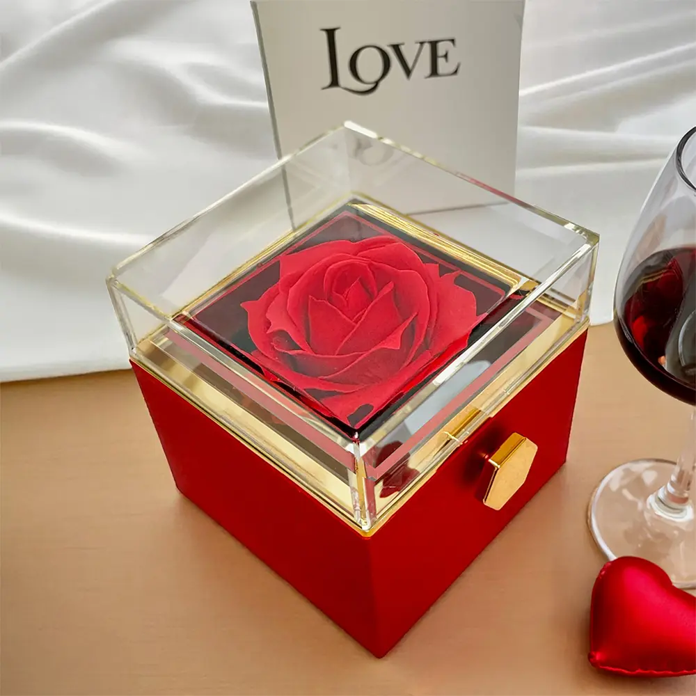 Red Rotating Box with Preserved Rose in Acrylic Display Case, Perfect for Romantic Present, Preserved Rec Rose With Necklace And Message Card, Surprise gift, Gift For Girlfriend Or Wife, Gifts For Women