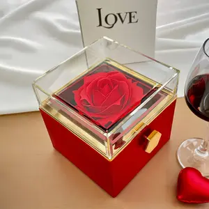 Red Rotating Box with Preserved Rose in Acrylic Display Case, Perfect for Romantic Present, Preserved Rec Rose With Necklace And Message Card, Surprise gift, Gift For Girlfriend Or Wife, Gifts For Women