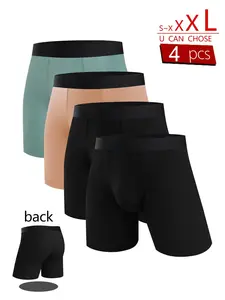 4 Pack Men's Longer Boxers with Anti-Chafing Thighs No Trace Seam Breathable Quick-Drying Sport Underwear, Fitted Casual All-Season Plain Pattern