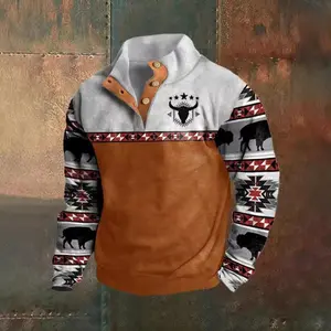 Autumn 3D sweater print western denim stand-up collar men's buckle polo sweater