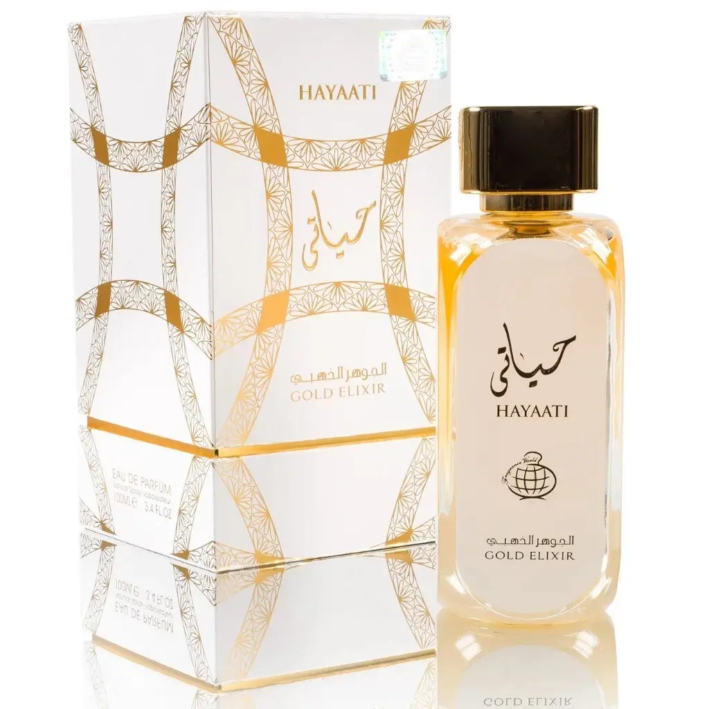 Lattafa Hayaati Gold Elixir Unisex EDP - 3.4 oz (100 ml) Aromatic Citrusy Fragrance, Alcohol Base, Citrus Blend, Leather & Vanilla Notes, Single Item