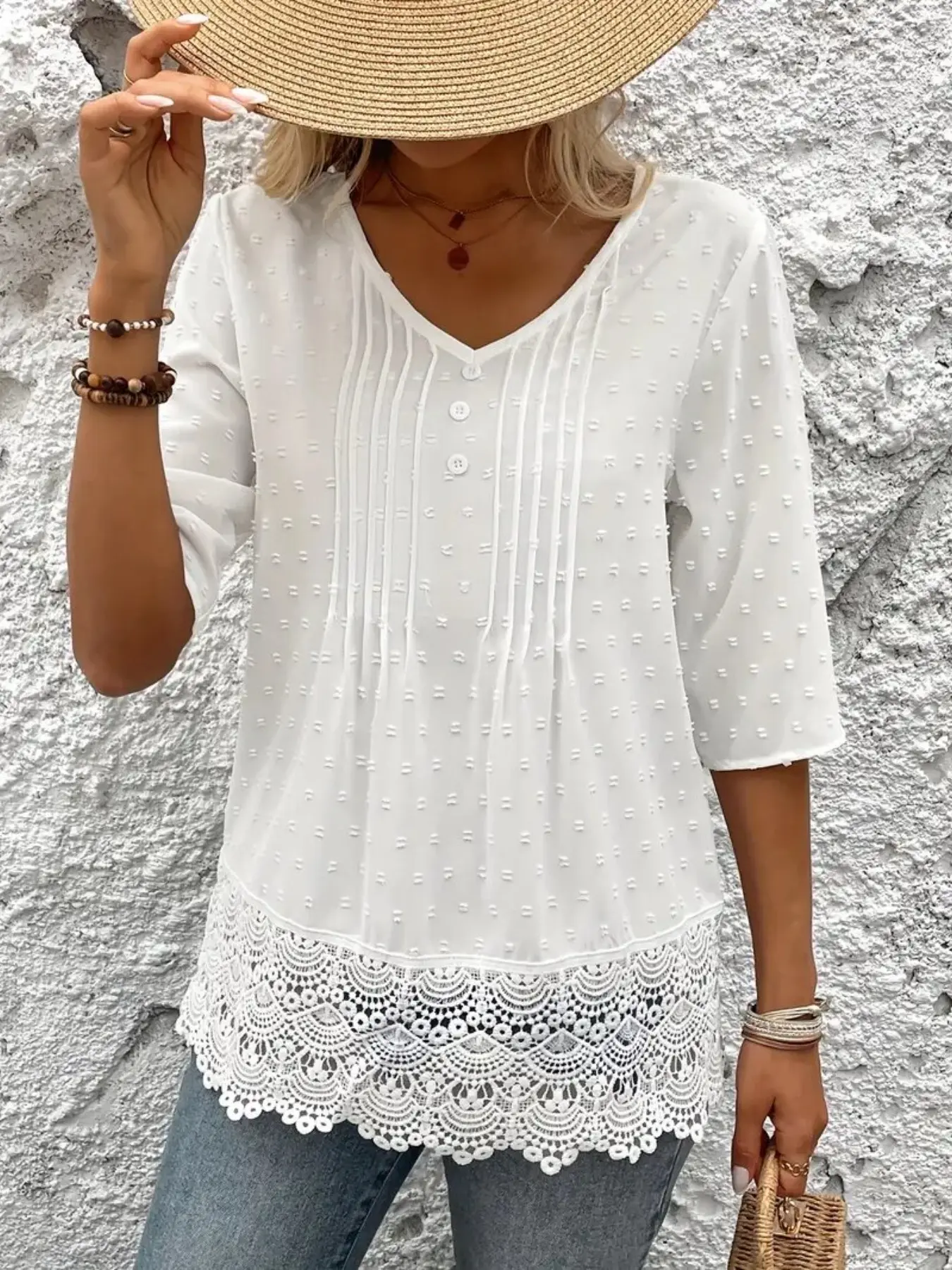 Plus Size Women's Elegant Lace Patchwork V-Neck Half Sleeve Shirt, Casual Boho Style Loose-Fit Top, Bohemian