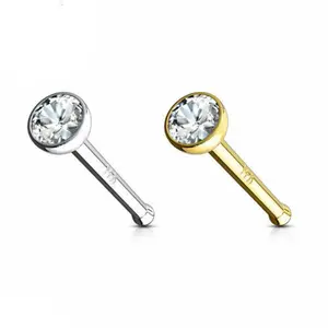 14 Karat Solid Gold Nose Bone Stud Ring 20 & 18 Gauge 1/4" - Round Gem