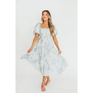 Elena Floral Print Smocked Midi Dress in Blue - Bump Friendly & Inclusive Sizing *7/20 PRE-ORDER*