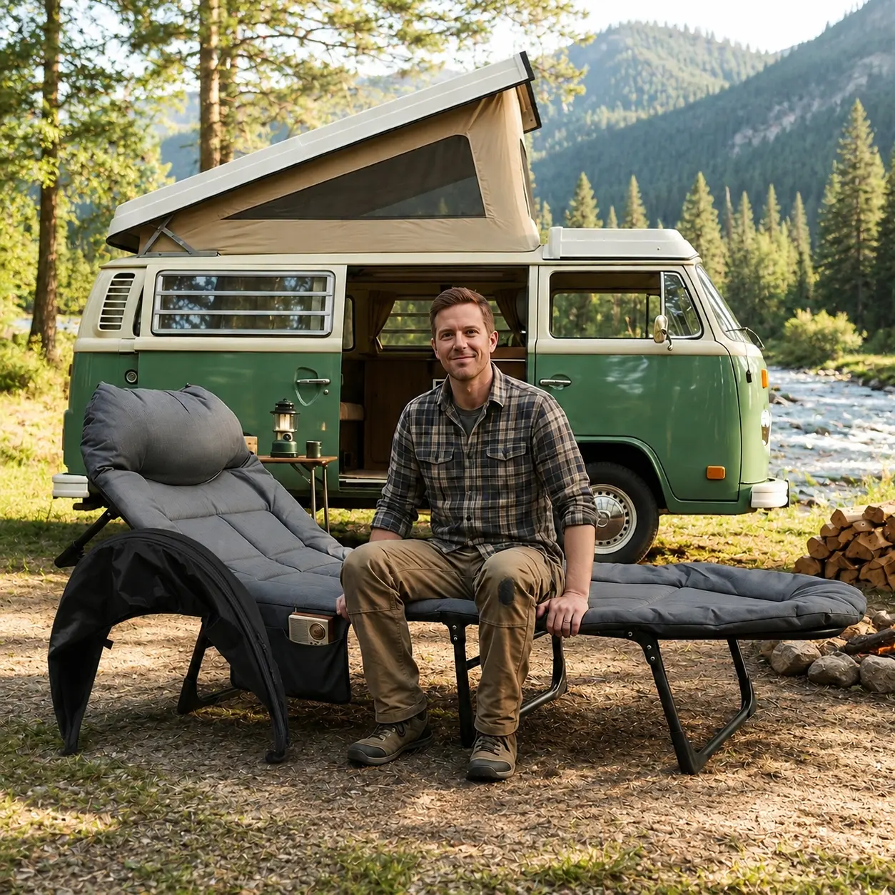 Foldable Sun-Shade Cot for Adults – Heavy-duty folding lounger with a 500 lb weight capacity; features a 6-position adjustable backrest, padding, side pocket, and pillow—ideal for camping, the beach, and fishing.