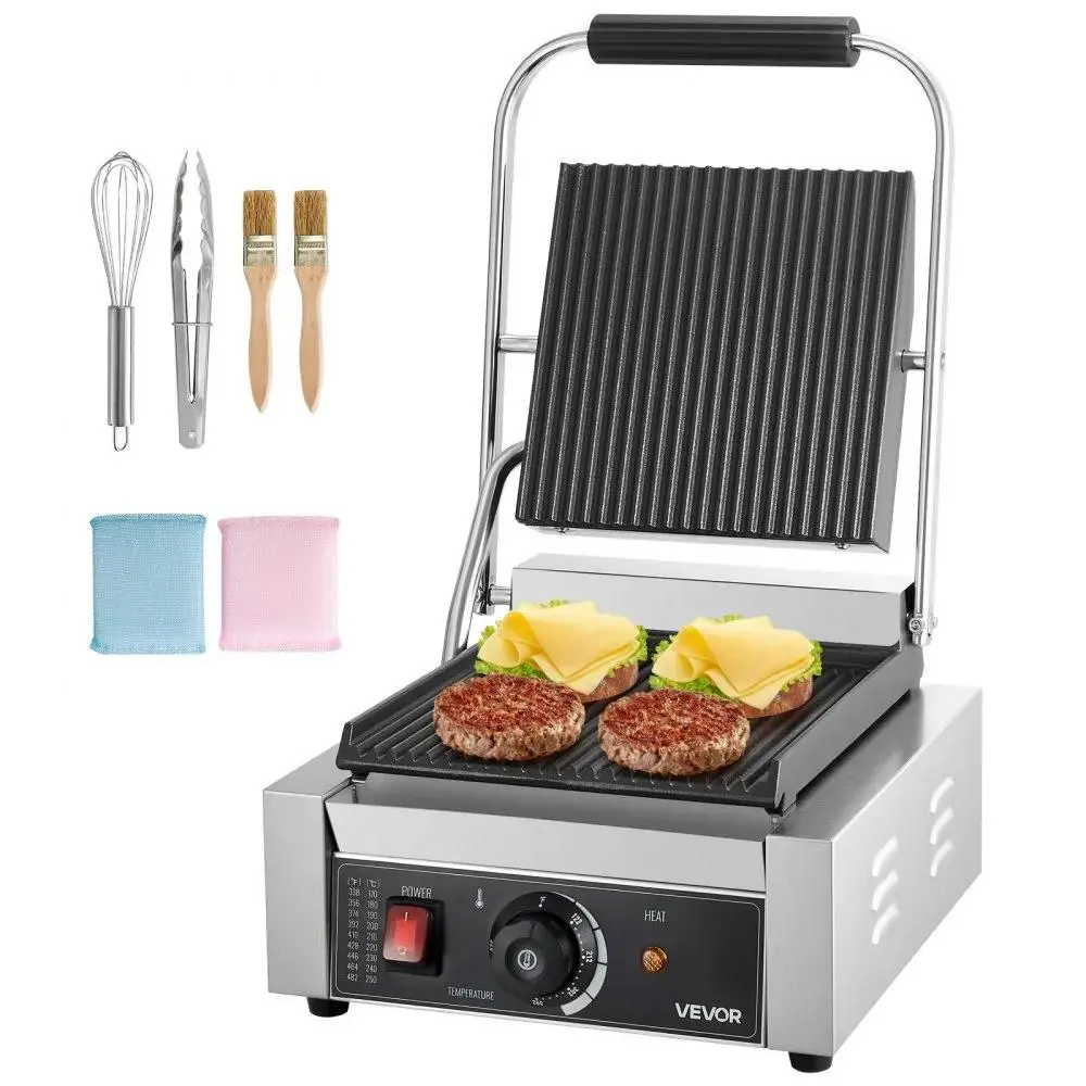 【Summerfinds】VEVOR Commercial Panini Grill,  , 1800W Electric Sandwich Panini Maker, Stainless Steel Sandwichs Press Grill with Handle and Temp Control, 8.8x9 in Full Grooved Enamel Plate for Hamburger Steak Bacon