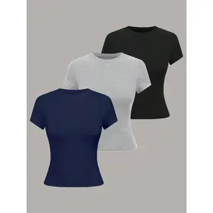 LUNE Women's Round Neck Short Sleeve Solid Color Casual Simple Fitted Blouse Top Fabric Womenswear Comfort Streetwear Basic Minimalist Shortsleeve cosa nuestra tour outfits going outfits mom at graduation outfit bershka