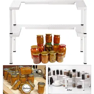 Expandable And Stackable Spice Rack Organizer For Cabinet & Pantry, Nandae 2 Tier Adjustable Height Spicy Shelf, Stable Priumum Iron (White)