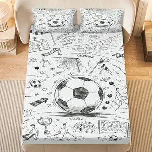 3Pcs Soccer Sport Sketch Fitted Sheet Three Piece Set (1*Fitted Sheet+2*Pillowcases, Coreless), Sport theme, Football Bedding Set, Mattress Protector Soft, Breathable, Living Room, Bedroom
