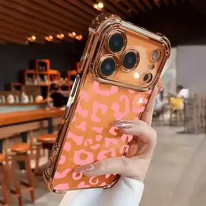 Pink Hollow Leopard Print Design Four-corner Thickened Mobile Phone Case for iPhone 17 Air 16 15 14 13 12 11 Pro Max Plus border Electroplating with counter-fall Safety Cushion 2D printing