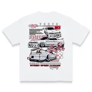 Tokyo R33 JDM Street Racing T-Shirt | Skyline Drift Car Graphic Tee | Sakura Anime Style Back Print | Unisex White Short Sleeve Shirt Casual Crew Neck