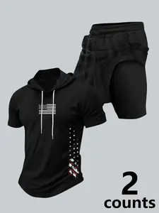 Men's 2-Piece American Flag Workout Set, Short Sleeve Hooded T-Shirt & 2-in-1 Athletic Shorts, Quick Dry Gym Outfit for Training, Fitness #tiktokmademebuyit