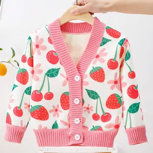 Toddler Girl's Adorable Fruit-Print Cardigan Strawberry & Cherry Patterned Soft Pink Knitted Sweater for Casual Outings Fashion Knitwear