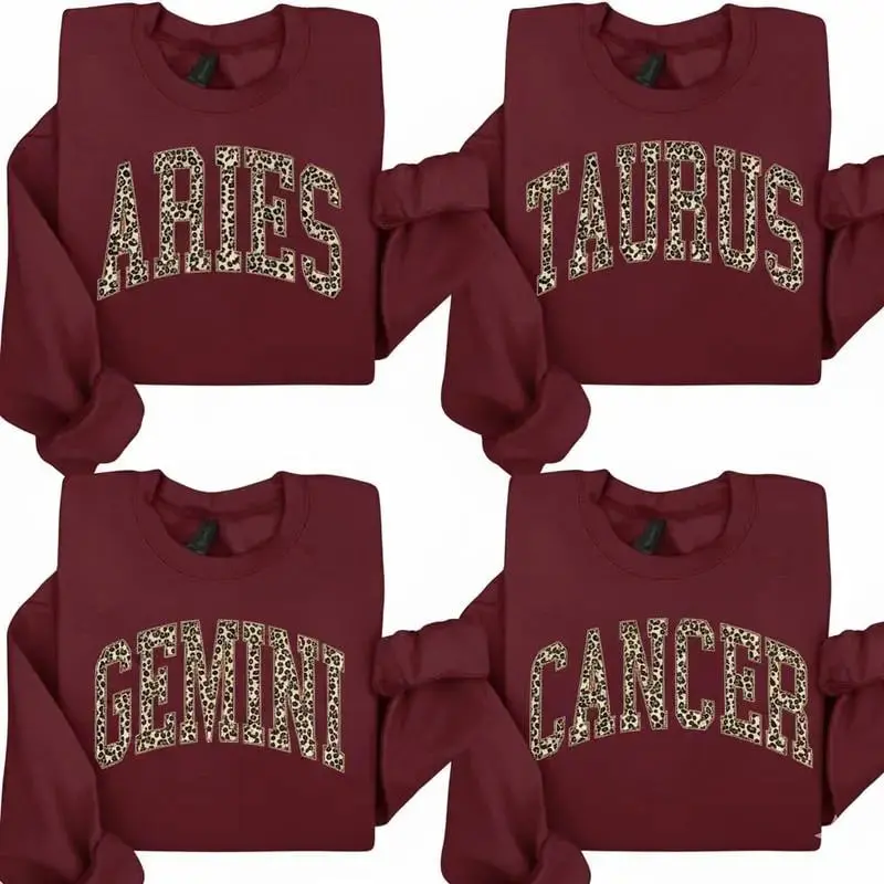 HARSIN Women's & Men's Casual Cotton Printed Short Tops - 12 Minimalist Zodiac Graphic Maroon Sweatshirt, Leopard Print Astrology Crewneck, Vintage Horoscope Pullover Green Grey