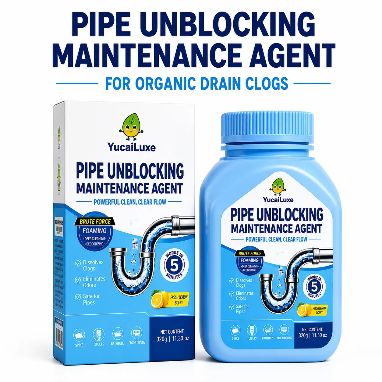 YucaiLuxe Foaming Drain Cleaner, Pipe Unblocking Maintenance Agent for Organic Clogs & Odors, Fresh Lemon Scent, 11.3 oz