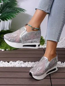 Summer New Lace Rhinestone Slip-On Casual Shoes, Breathable Mesh Fabric, Luxurious Sparkle Thick Sole Women's Footwear
