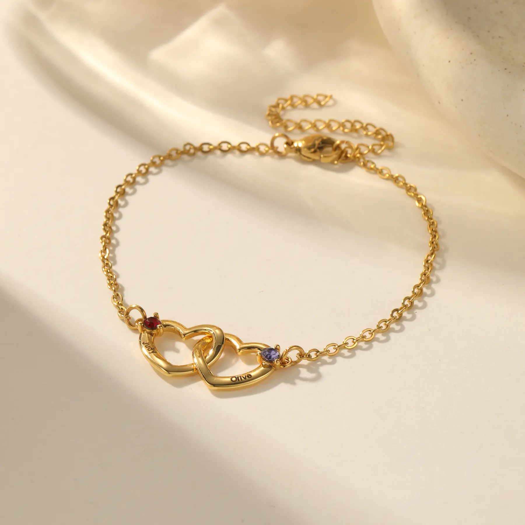 Personalized 18K Gold Plated Interlocking Hearts Bracelet with Birthstones - Engraved Name, Dainty Adjustable Chain, Perfect Gift for Mom, Best Friend & Lovers