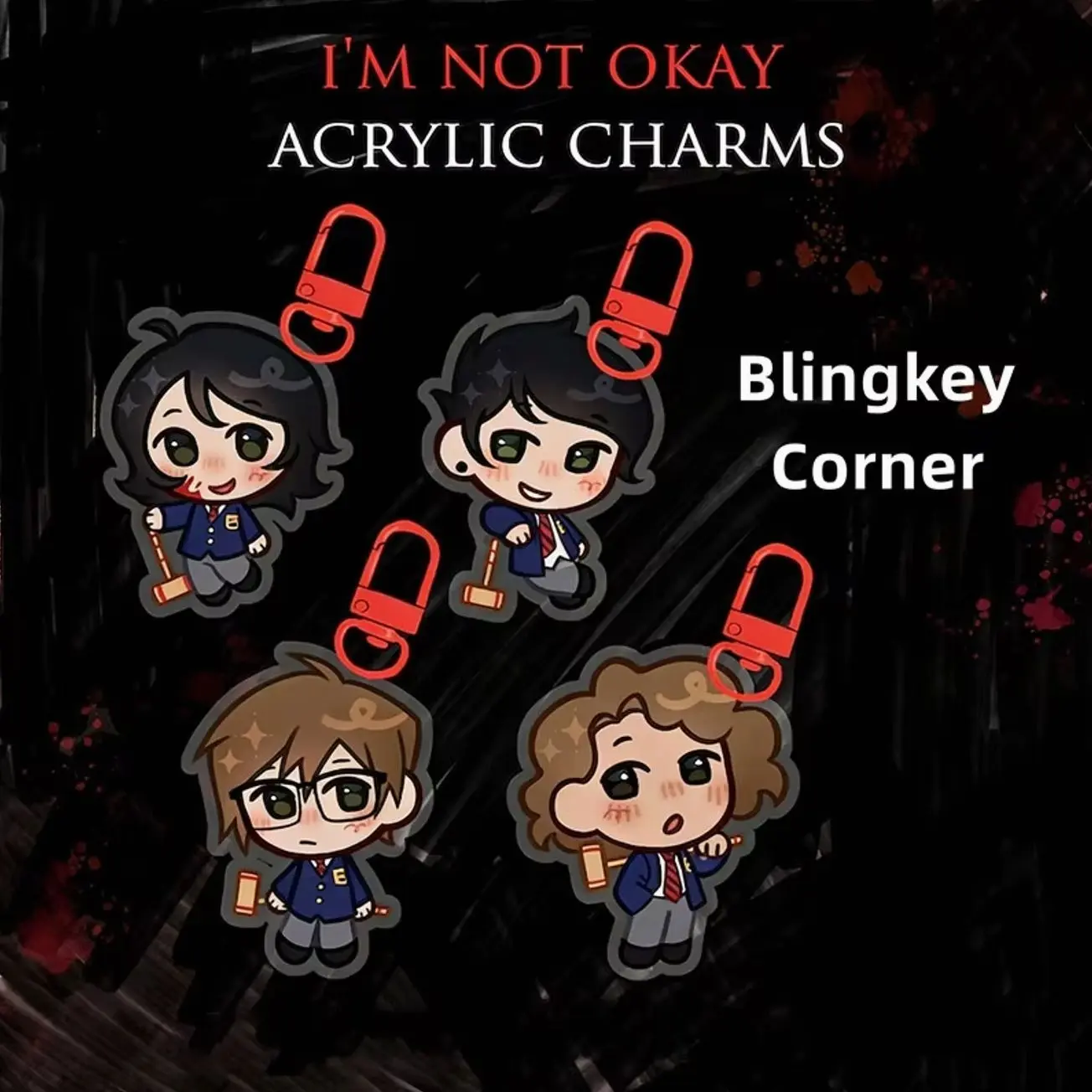 4 ops Cute Chibi MCR I'm Not Okay Acrylic Keychain, Gerard Way Emo Punk Rock Band Acrylic Charm