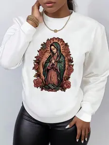 Women's Floral & Virgin Mary Print Drop Shoulder Sweatshirt, Casual Long Sleeve Round Neck Pullover for Fall & Winter, Ladies Clothes for Daily Wear